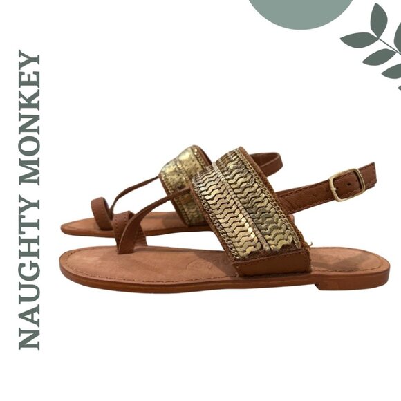 Boho Trimmed T-Strap Sandals by Naughty Monkey Brown Leather Gold Sequins Size 7 - Picture 3 of 8